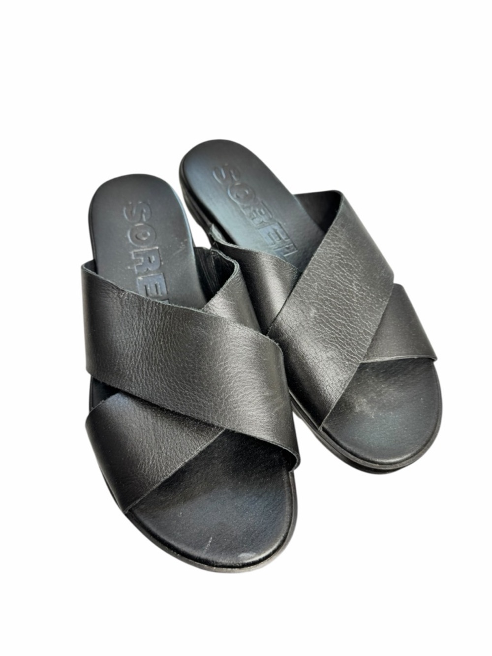 Sorel Black Leather Crossband Slide Mules - Women's